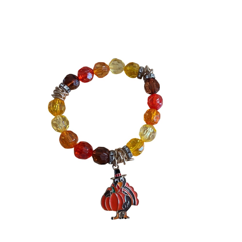 Thanksgiving Turkey Charm Stretch Bracelet Fall Autumn Beaded Orange Brown